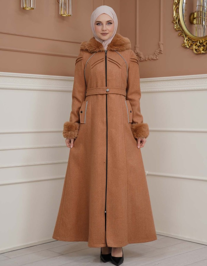 FURRY SLEEVE AND HOOD HIJAB TOPCOAT 1356 taba
