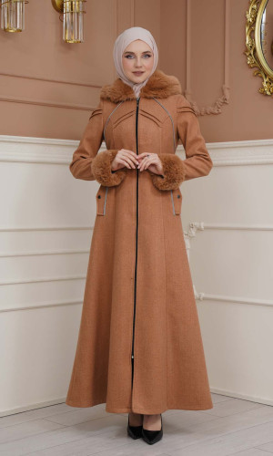 FURRY SLEEVE AND HOOD HIJAB TOPCOAT 1356 - Tabak