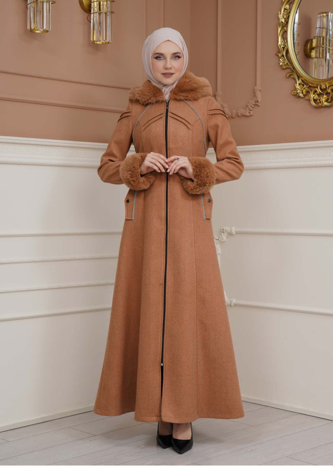 FURRY SLEEVE AND HOOD HIJAB TOPCOAT 1356 taba
