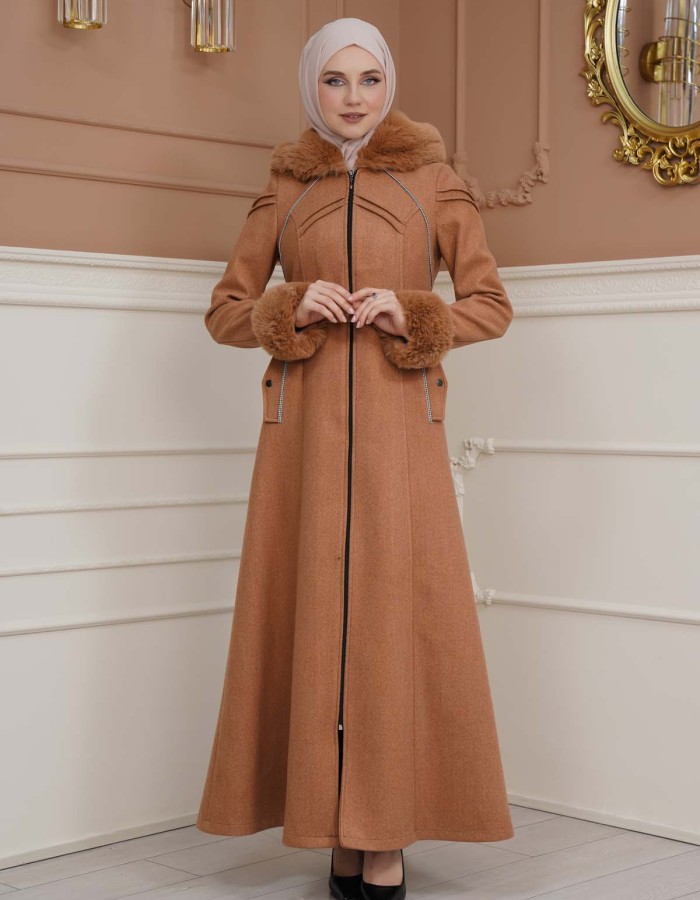 FURRY SLEEVE AND HOOD HIJAB TOPCOAT 1356 taba