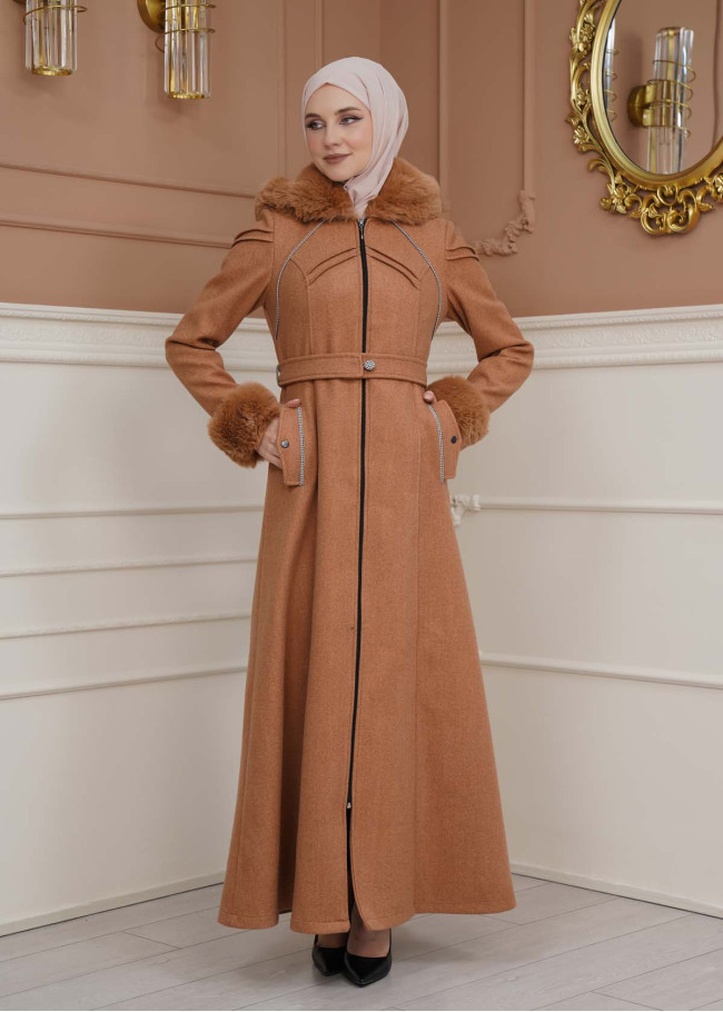 FURRY SLEEVE AND HOOD HIJAB TOPCOAT 1356 taba