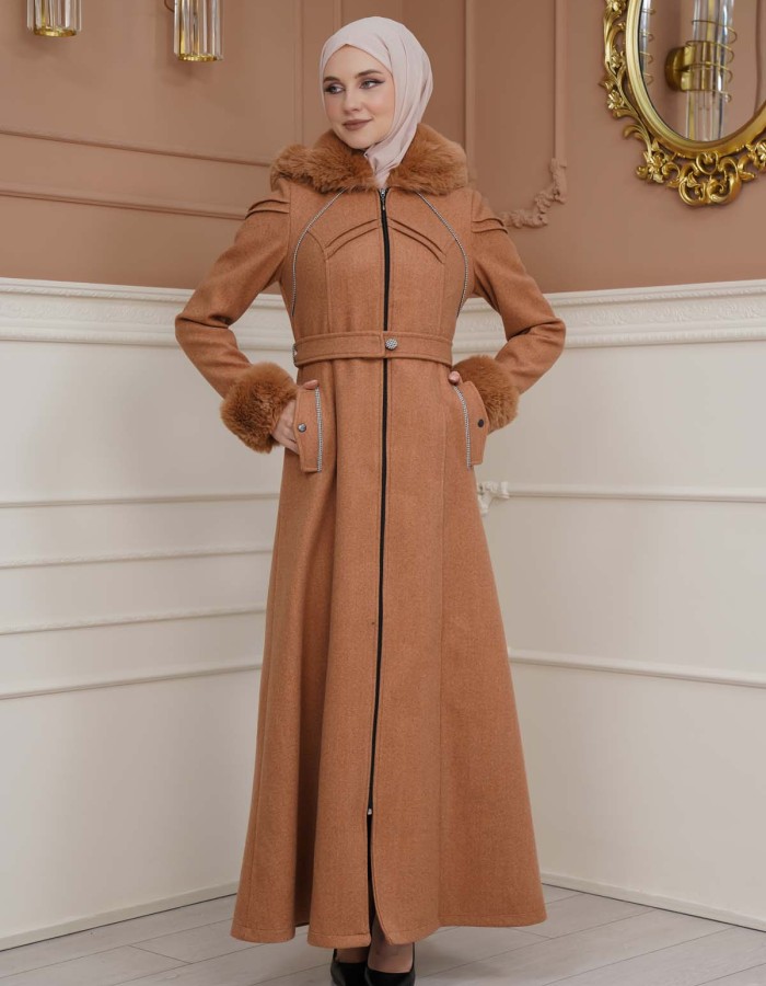 FURRY SLEEVE AND HOOD HIJAB TOPCOAT 1356 taba