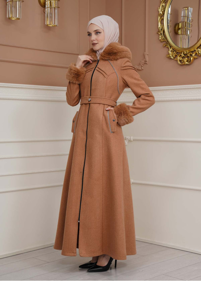 FURRY SLEEVE AND HOOD HIJAB TOPCOAT 1356 taba
