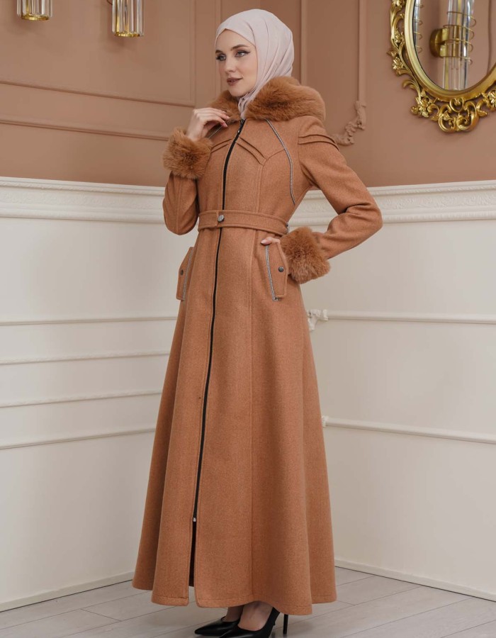 FURRY SLEEVE AND HOOD HIJAB TOPCOAT 1356 taba