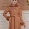FURRY SLEEVE AND HOOD HIJAB TOPCOAT 1356 taba