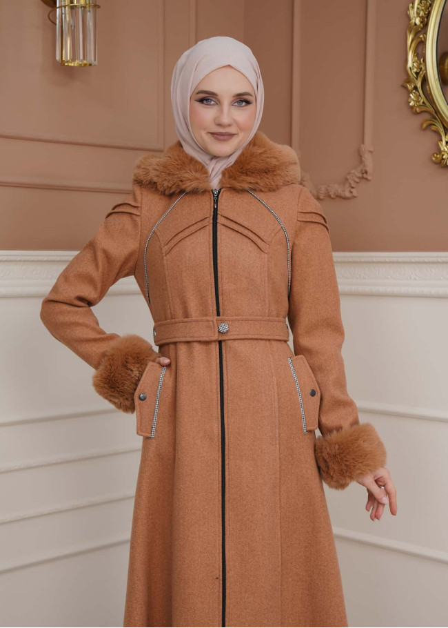 FURRY SLEEVE AND HOOD HIJAB TOPCOAT 1356 taba