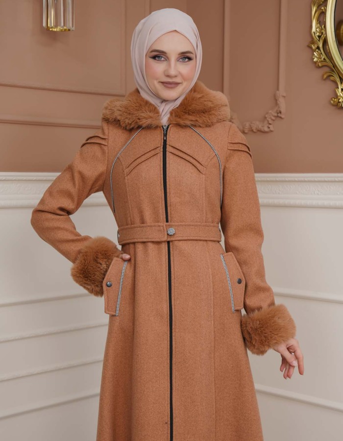 FURRY SLEEVE AND HOOD HIJAB TOPCOAT 1356 taba