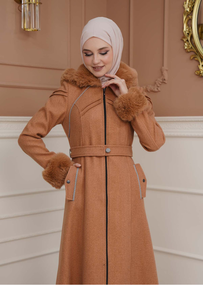 FURRY SLEEVE AND HOOD HIJAB TOPCOAT 1356 taba