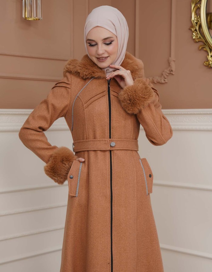 FURRY SLEEVE AND HOOD HIJAB TOPCOAT 1356 taba