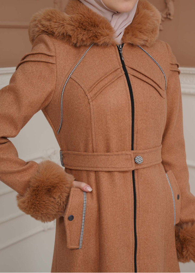 FURRY SLEEVE AND HOOD HIJAB TOPCOAT 1356 taba