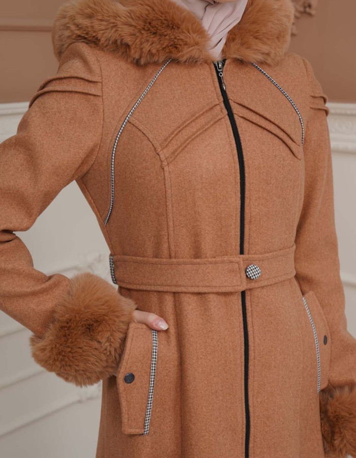 FURRY SLEEVE AND HOOD HIJAB TOPCOAT 1356 taba