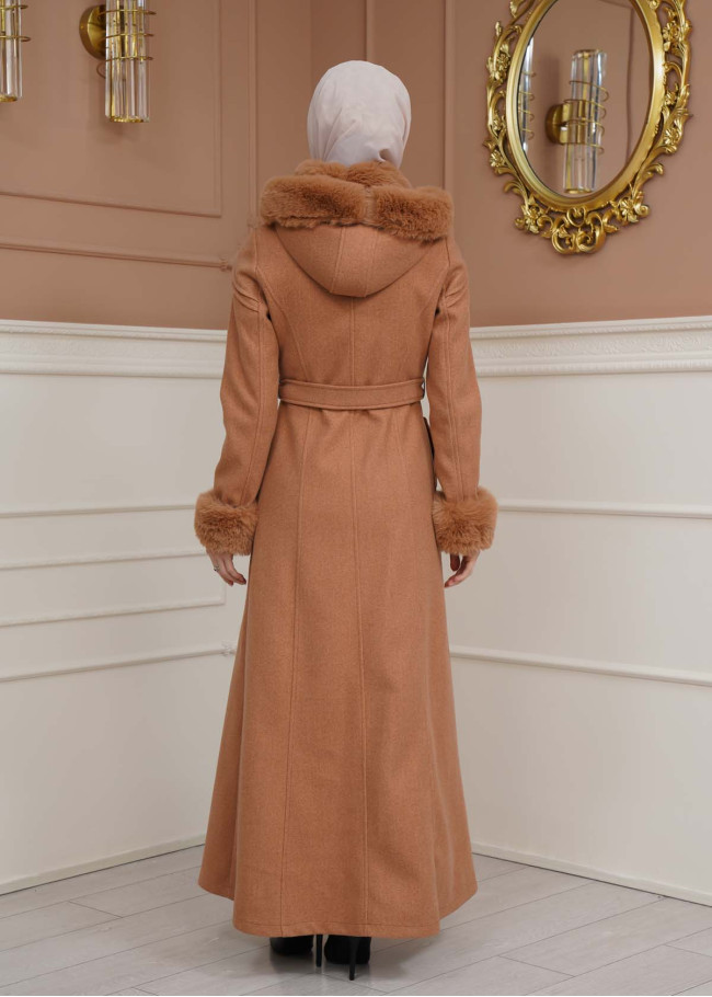 FURRY SLEEVE AND HOOD HIJAB TOPCOAT 1356 taba