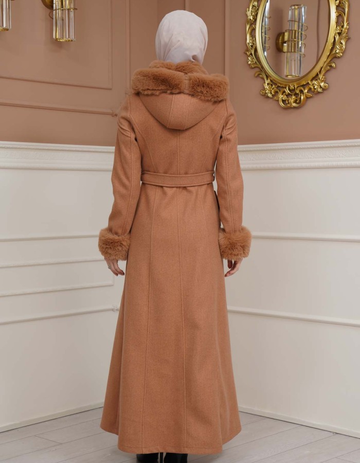 FURRY SLEEVE AND HOOD HIJAB TOPCOAT 1356 taba