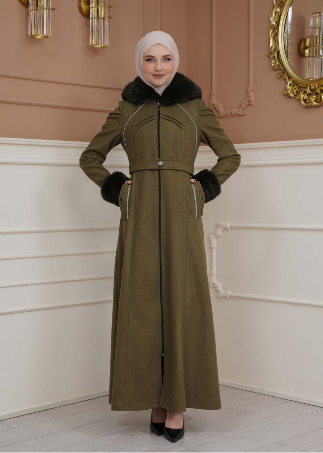 FURRY SLEEVE AND HOOD HIJAB TOPCOAT 1356 Haki