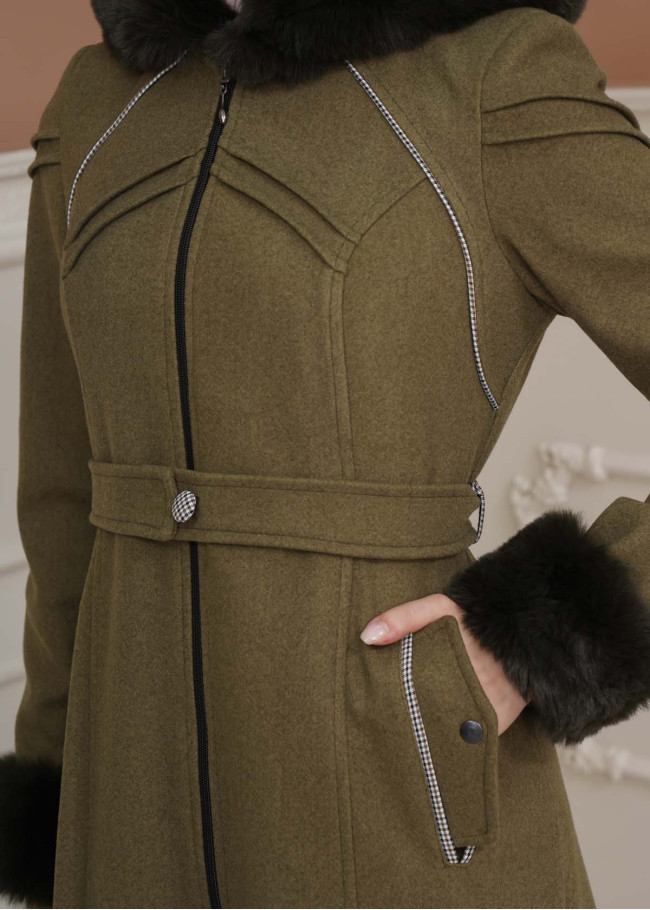FURRY SLEEVE AND HOOD HIJAB TOPCOAT 1356 Haki