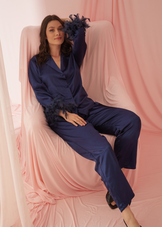 Lacivert Tüylü Satan Pijama 1090-4 - Lacivert