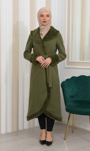 Luxury womens winter coat with belt, sleeves and fur collar 1337 - khaki