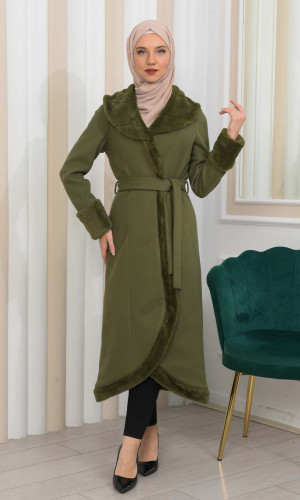 Luxury womens winter coat with belt, sleeves and fur collar 1337 - khaki
