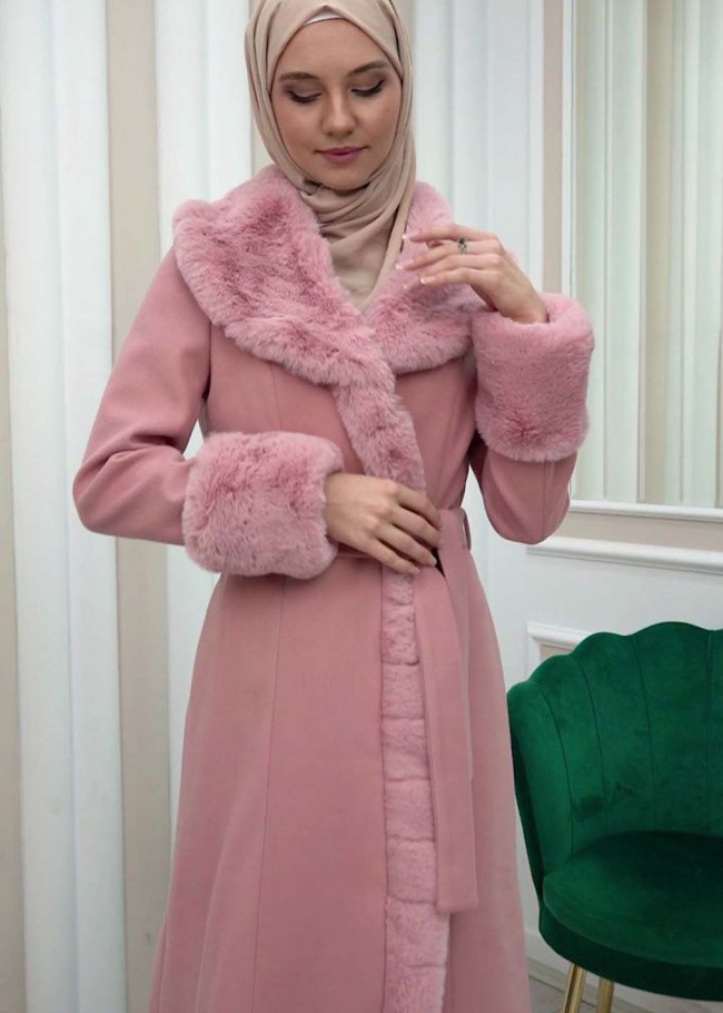 ترانشكوت جوخ مع فرو نسائي شتوي فاخر 1337 Pembe