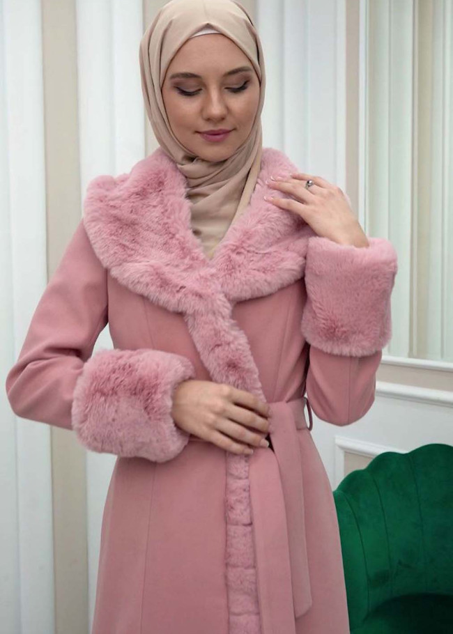 ترانشكوت جوخ مع فرو نسائي شتوي فاخر 1337 Pembe