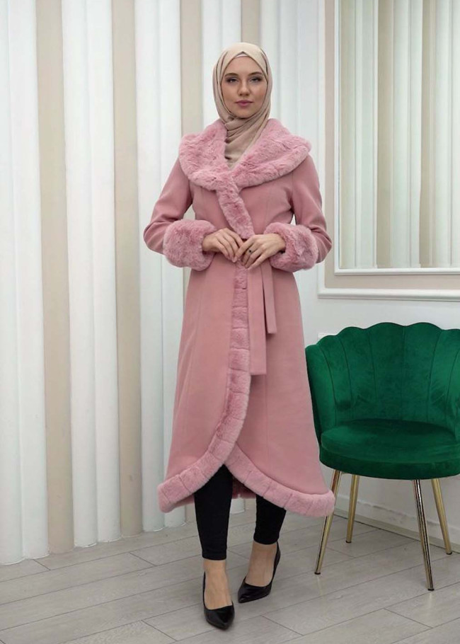 ترانشكوت جوخ مع فرو نسائي شتوي فاخر 1337 Pembe