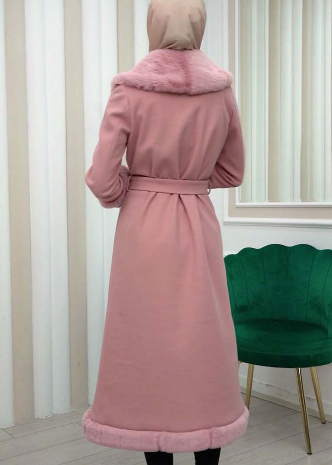 ترانشكوت جوخ مع فرو نسائي شتوي فاخر 1337 Pembe