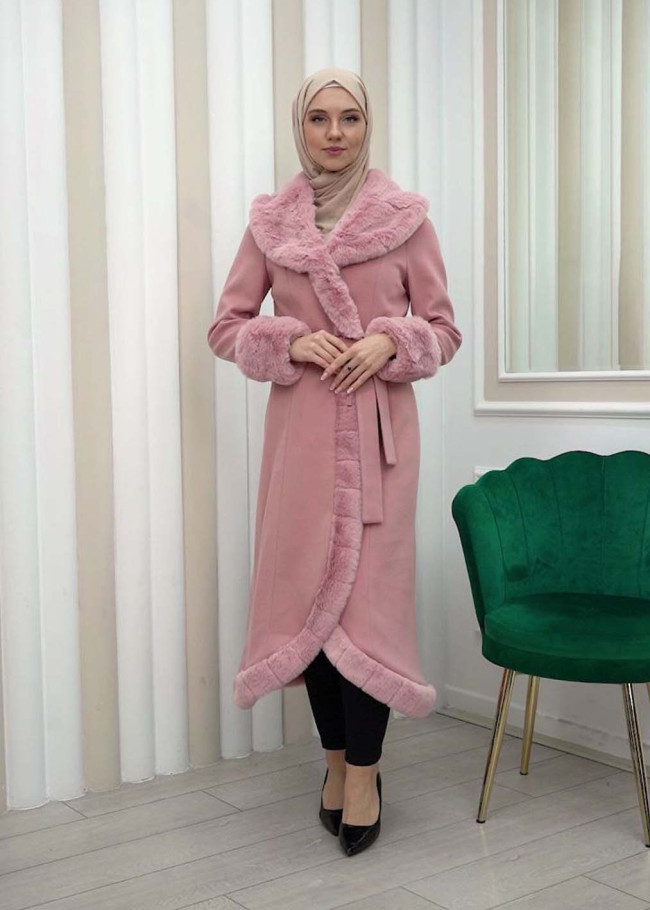 ترانشكوت جوخ مع فرو نسائي شتوي فاخر 1337 Pembe