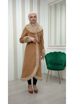 ترانشكوت جوخ مع فرو نسائي شتوي فاخر 1337 - ترابي