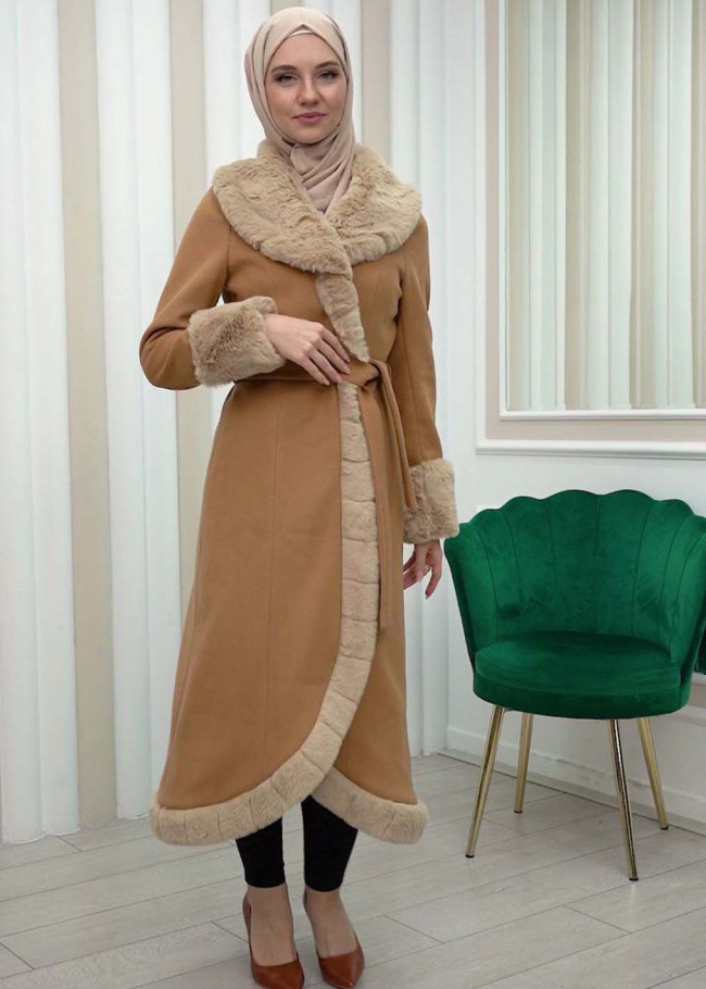 Luxury women's winter coat with belt, sleeves and fur collar 1337 taba