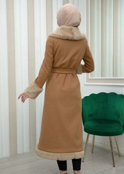 ترانشكوت جوخ مع فرو نسائي شتوي فاخر 1337 - ترابي