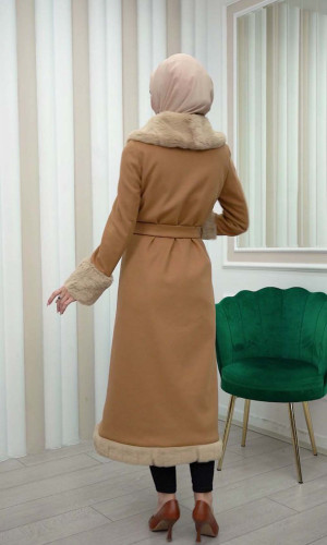 ترانشكوت جوخ مع فرو نسائي شتوي فاخر 1337 - ترابي