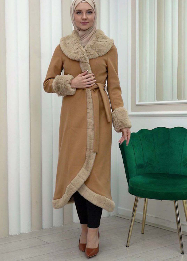 Luxury women's winter coat with belt, sleeves and fur collar 1337 taba
