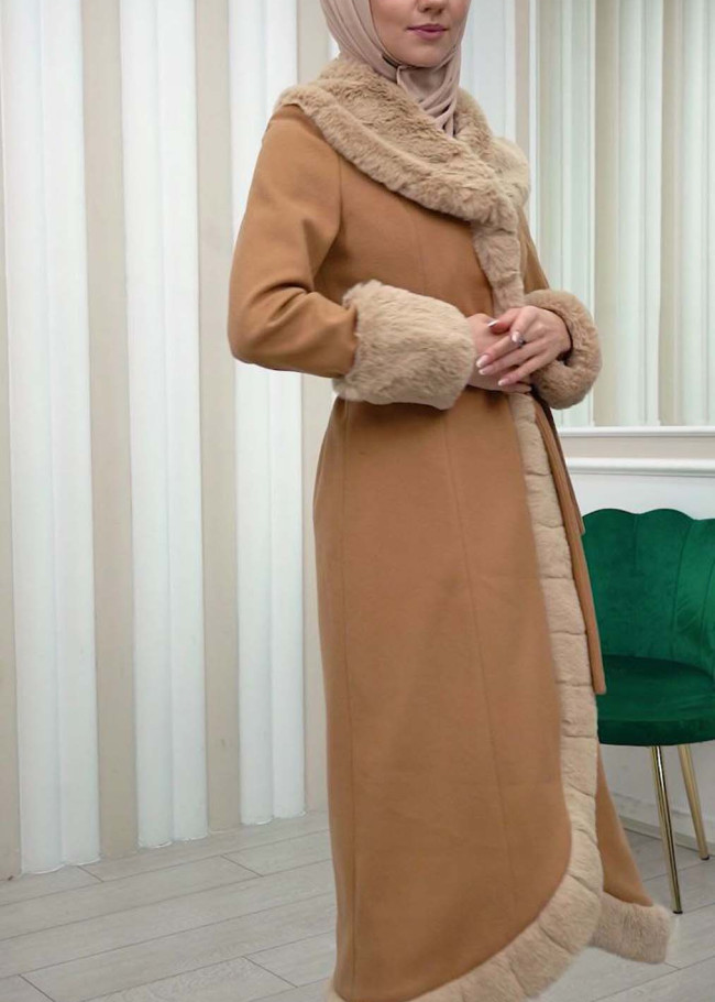Luxury women's winter coat with belt, sleeves and fur collar 1337 taba