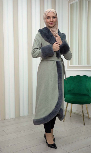 ترانشكوت جوخ مع فرو نسائي شتوي فاخر 1337 - فضي