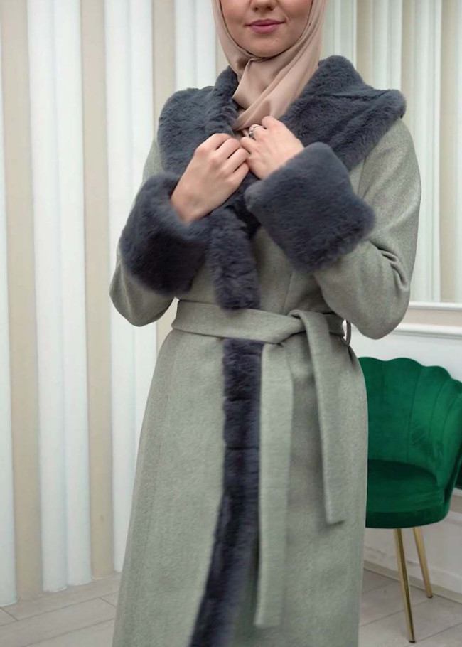 Luxury women's winter coat with belt, sleeves and fur collar 1337 Gri