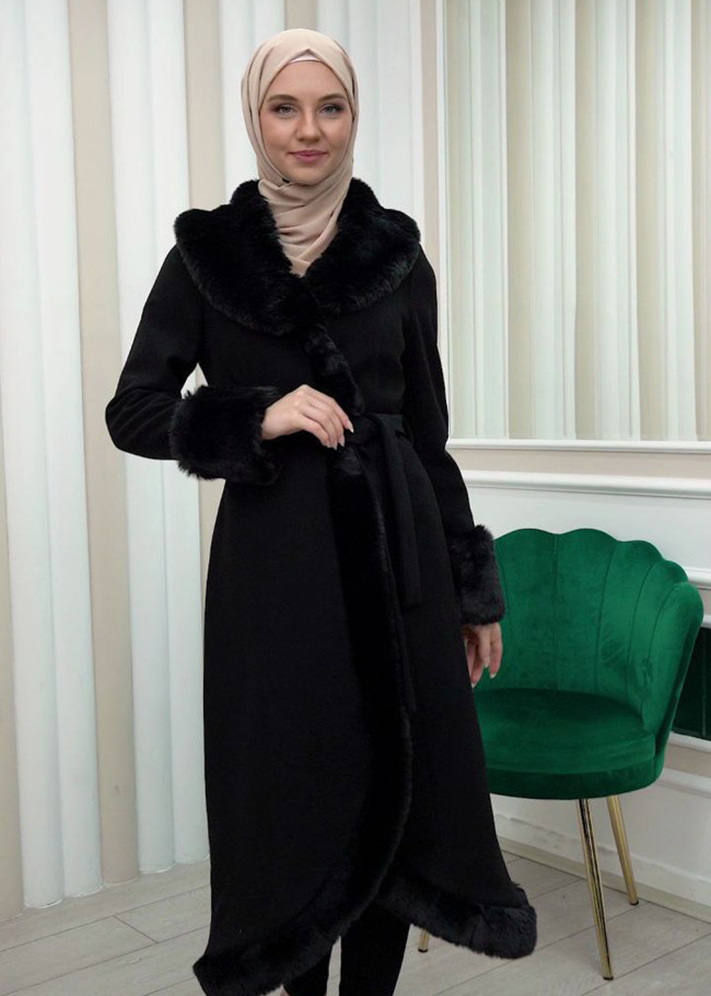 Luxury women's winter coat with belt, sleeves and fur collar 1337 Siyah