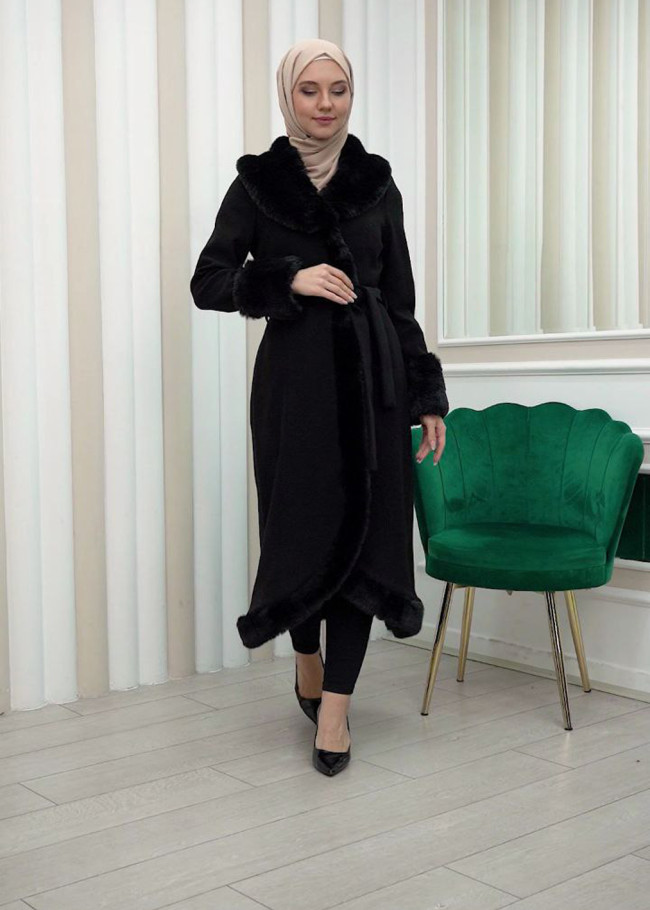 Luxury women's winter coat with belt, sleeves and fur collar 1337 Siyah