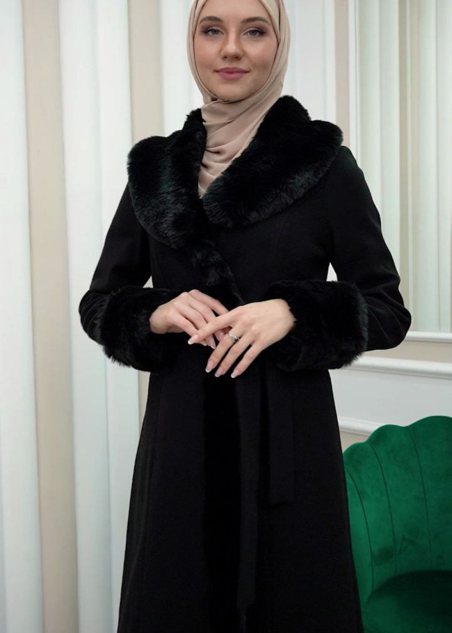 Luxury women's winter coat with belt, sleeves and fur collar 1337 Siyah