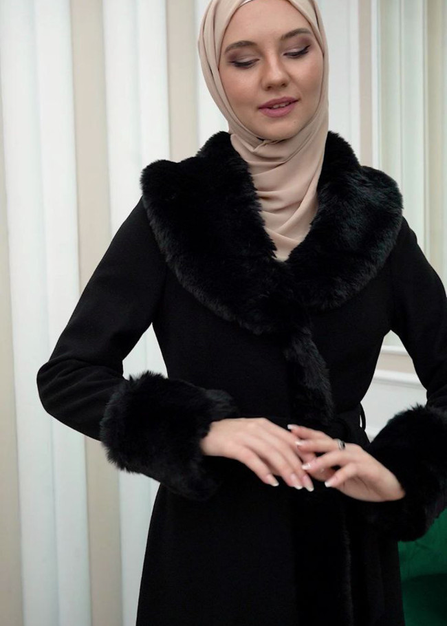 Luxury women's winter coat with belt, sleeves and fur collar 1337 Siyah