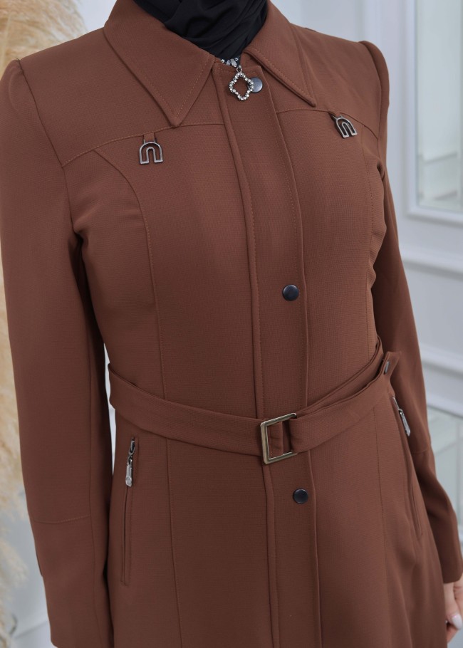 Modamix  مانطو نسائي أنيق كلوش كبشون مع سحاب 242 taba