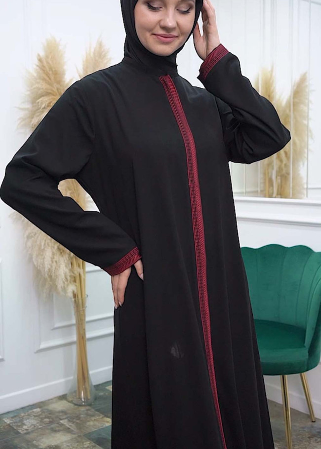 Modamix Modern women's abaya with zipper and embroidery 577 Kırmızı