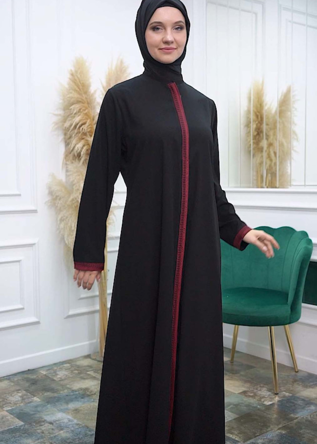 Modamix Modern women's abaya with zipper and embroidery 577 Kırmızı