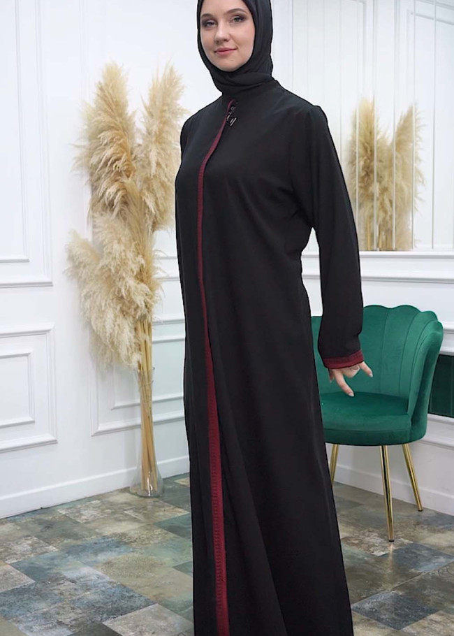 Modamix Modern women's abaya with zipper and embroidery 577 Kırmızı
