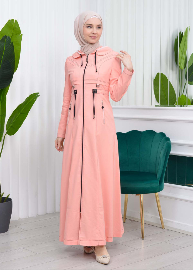 مانطو نسائي كتان للمحجبات مع طاقية 1125 Pembe