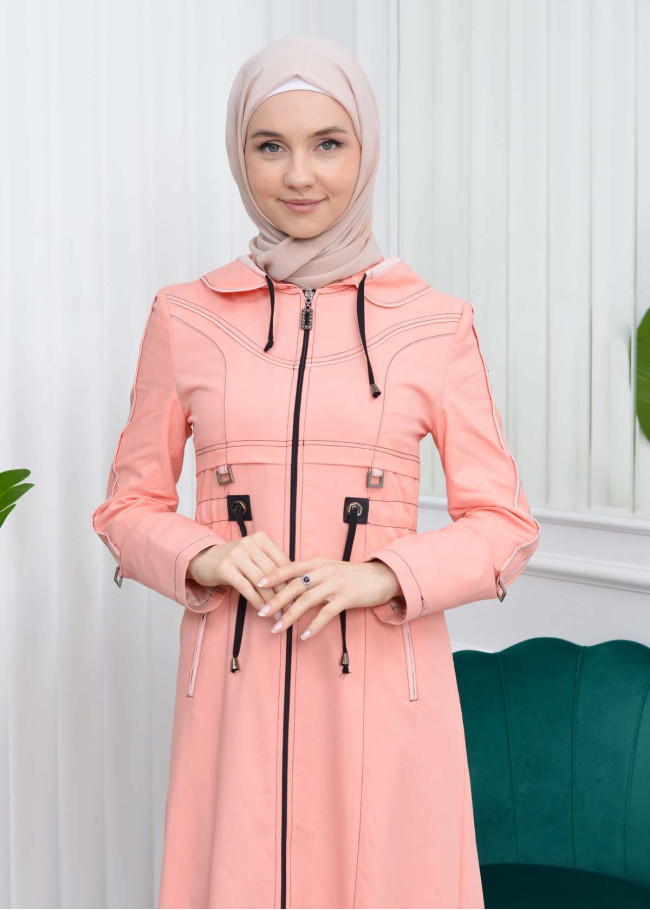مانطو نسائي كتان للمحجبات مع طاقية 1125 Pembe
