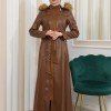 ZIPPERED FRONT HOODED LEATHER HIJAB COAT 1338 - tan
