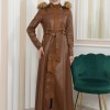 ZIPPERED FRONT HOODED LEATHER HIJAB COAT 1338 - tan
