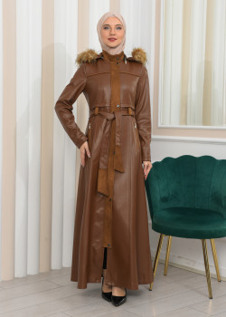 مانطو نسائي جلد شتوي مع كبيشون قابل للإزالة 1338 - ترابي