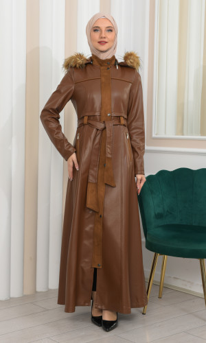 مانطو نسائي جلد شتوي مع كبيشون قابل للإزالة 1338 - ترابي