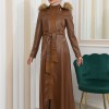ZIPPERED FRONT HOODED LEATHER HIJAB COAT 1338 - tan